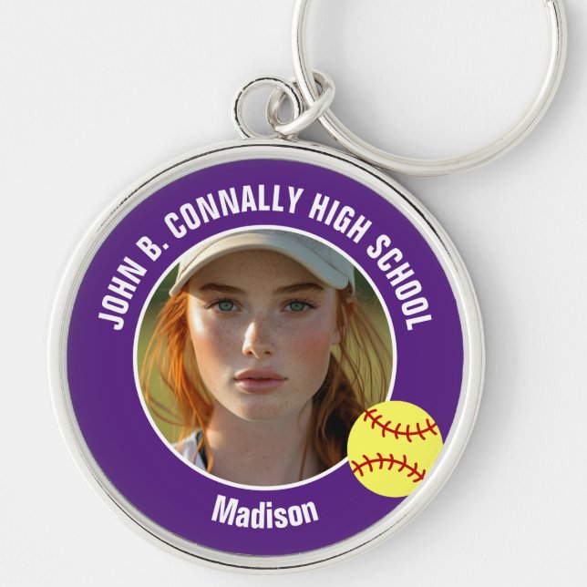 Purple Softball Player Photo High School Keepsake Rund Silverfärgad Nyckelring (Framsidan)