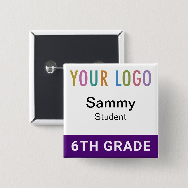 Purple Student Name Badge Button with School Logo Knapp (Framsida & baksida)