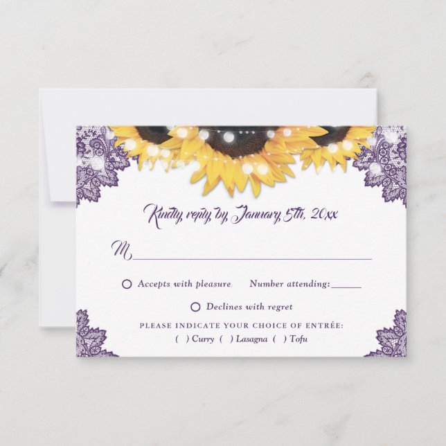 Purple Sunflower Lace Wedding Meal Choice OSA Kort (Framsida)