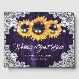 Purple Sunflower Wood Floral Lace Wedding Gästböcker