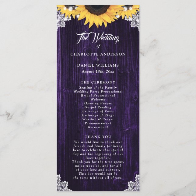 Purple Sunflower Wood Floral Lace Wedding Program (Framsida)