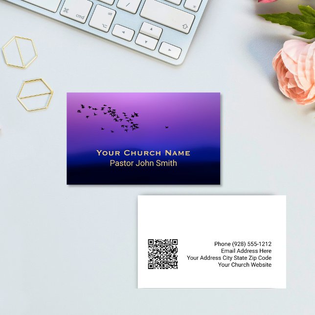 Purple Sunset Birds Church Pastor QR Code Visitkort (Purple Sunset Birds Church Pastor QR Code Business Card)