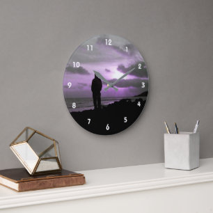 Purple Sunset & Silhouette Stor Klocka