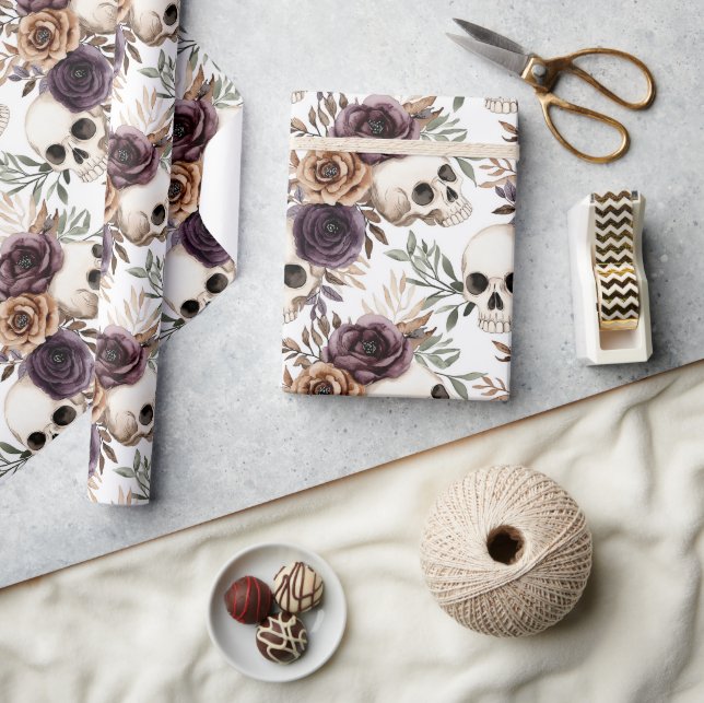 Purple Tan Floral Skulls Birthday Presentpapper (Hantverk)