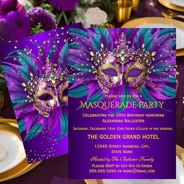 Purple Teal Blue Masks Masquerade Birthday Party Inbjudningar (Skapare uppladdad)