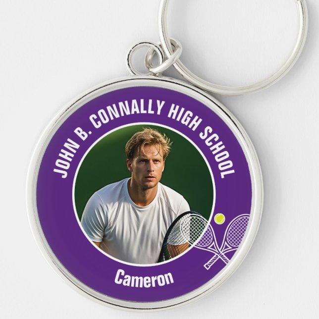 Purple Tennis Player Photo High School Spirit Rund Silverfärgad Nyckelring (Framsidan)
