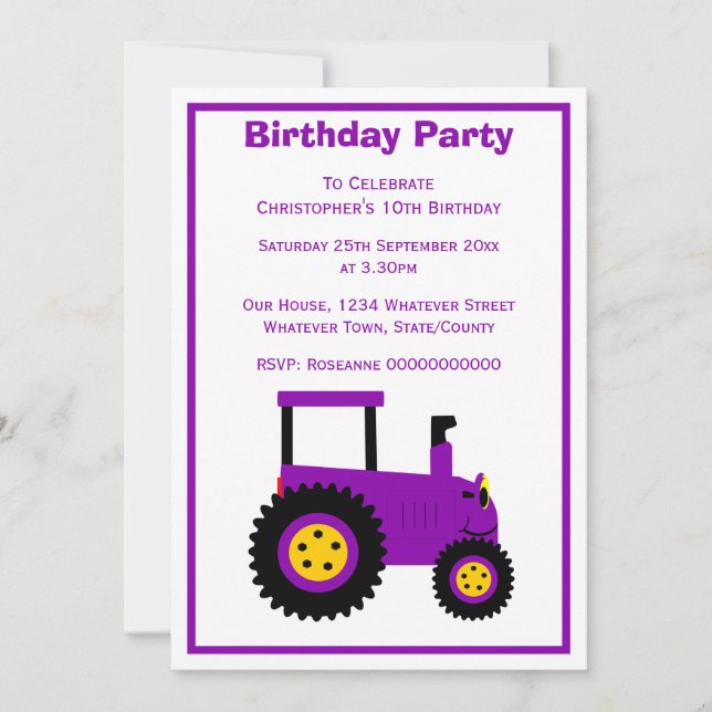 Purple Tractor Design Personalised Birthday Party Inbjudningar (Framsida)