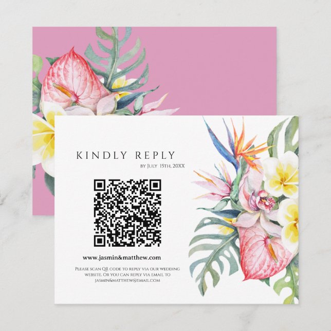 Purple Tropical Floral Hawaii QR Code Wedding OSA Kort (Fram/baksida)