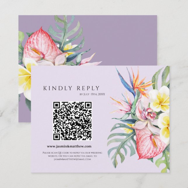 Purple Tropical Floral Hawaii QR Code Wedding OSA Kort (Fram/baksida)