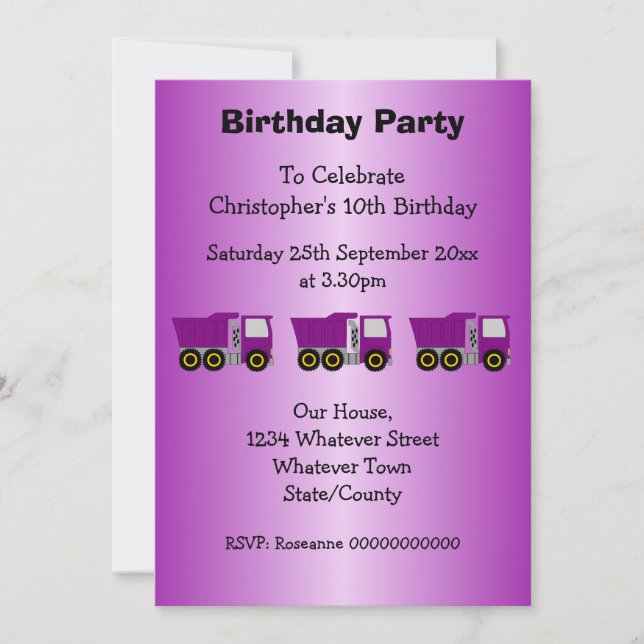 Purple Truck Design Boy's Birthday Party Inbjudningar (Framsida)
