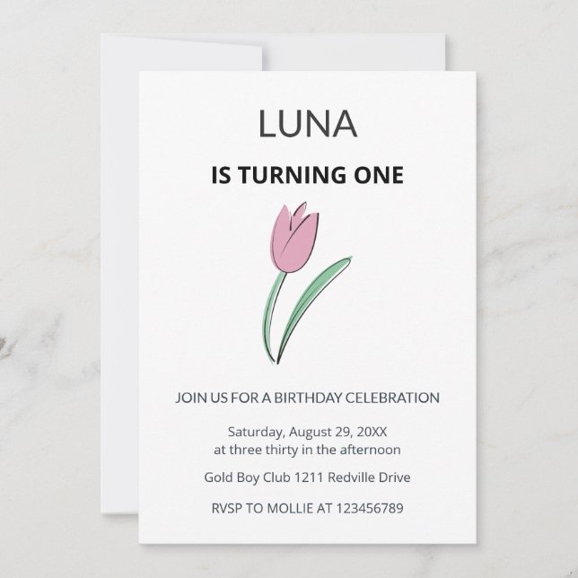 Purple Tulip Floral Girl Kids First Birthday  Inbjudningar (Framsida)