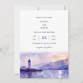 Purple Twilight Lighthouse Harbour Beach Wedding Inbjudningar
