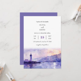 Purple Twilight Lighthouse Harbour Beach Wedding Inbjudningar