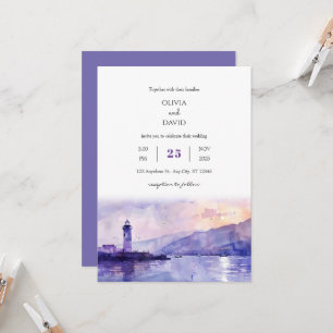 Purple Twilight Lighthouse Harbour Beach Wedding Inbjudningar