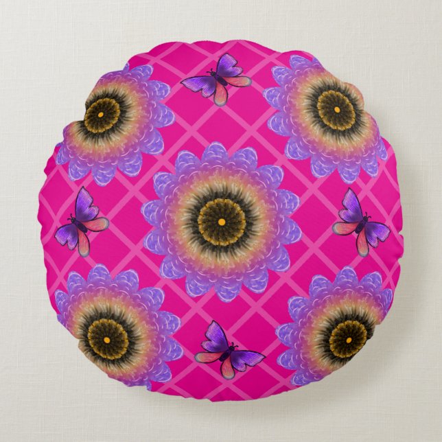 Purple Velvet Sunflower & Butterfly Pattern Rund Kudde (Framsidan)