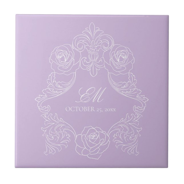 Purple Victorian Monogram Wedding Ceramic Tile Kakelplatta (Framsidan)