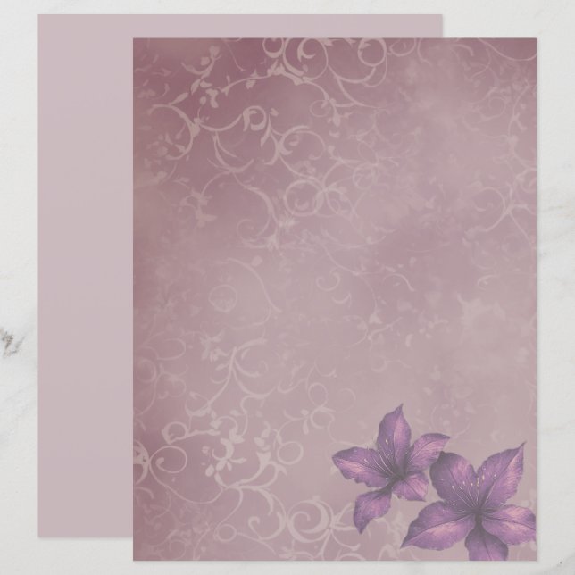 Purple Vintage Floral Scrapbook Paper – Soft Lilac (Fram/baksida)