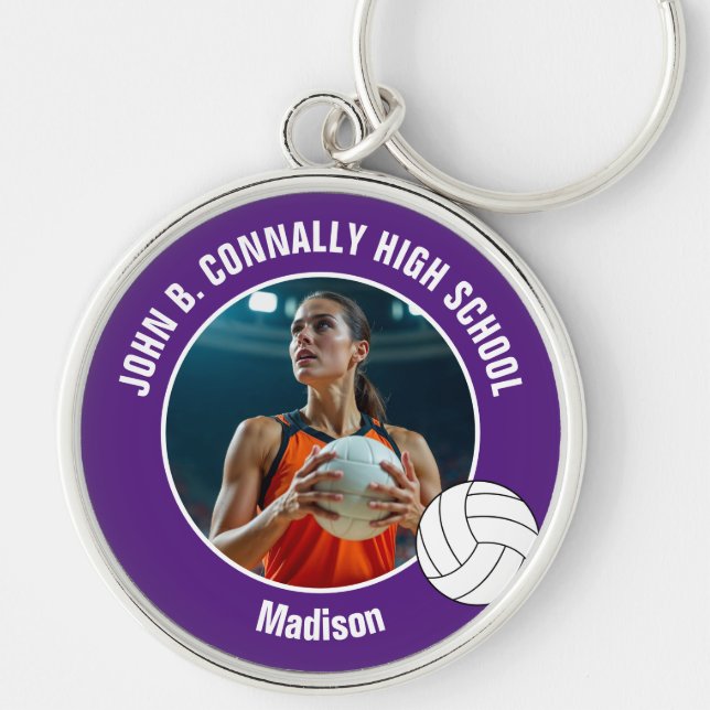 Purple Volleyball Player Photo Keepsake Rund Silverfärgad Nyckelring (Framsidan)