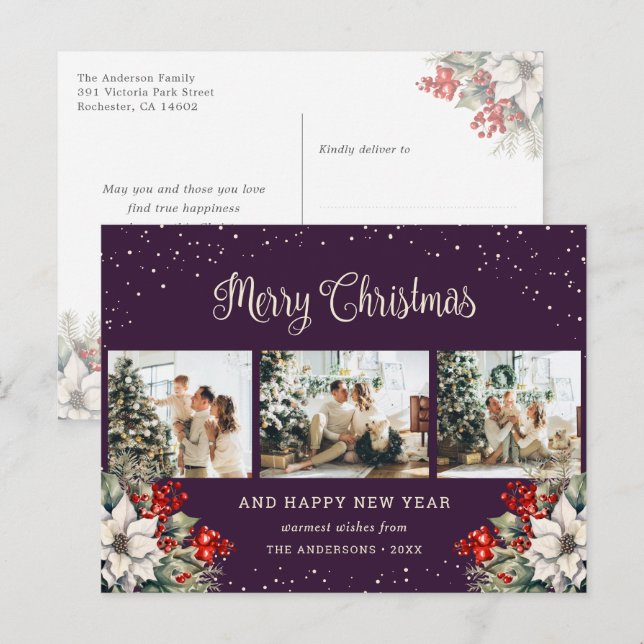 Purple Watercolor Botanical Snow Photo Collage Helg Vykort (Fram/baksida)