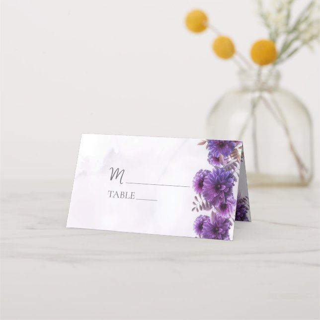 Purple Watercolor Chrysanthemum Wedding Place Card Placeringskort (Framsida)