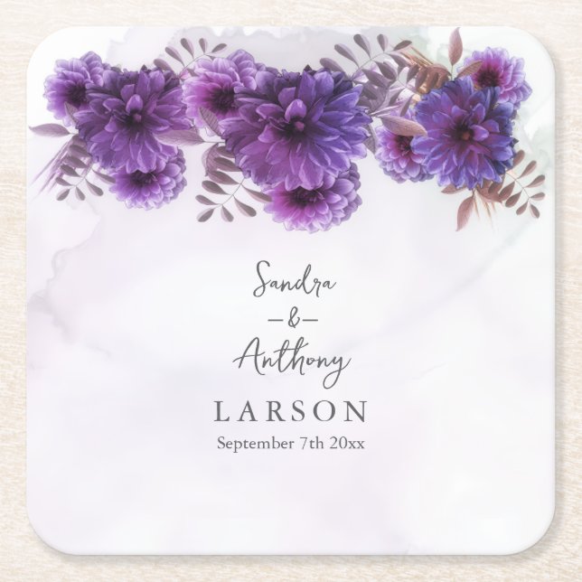 Purple Watercolor Chrysanthemum Wedding Underlägg Papper Kvadrat (Framsidan)