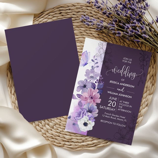 Purple Watercolor Floral Wedding Inbjudningar (Skapare uppladdad)