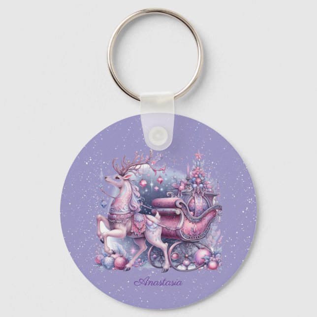 Purple Whimsical Magical Reindeer Nyckelring (Framsida)