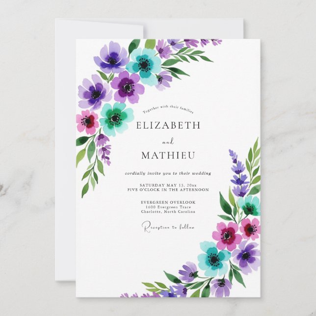 Purple Whimsical Watercolor Spring Wedding Inbjudningar (Framsida)