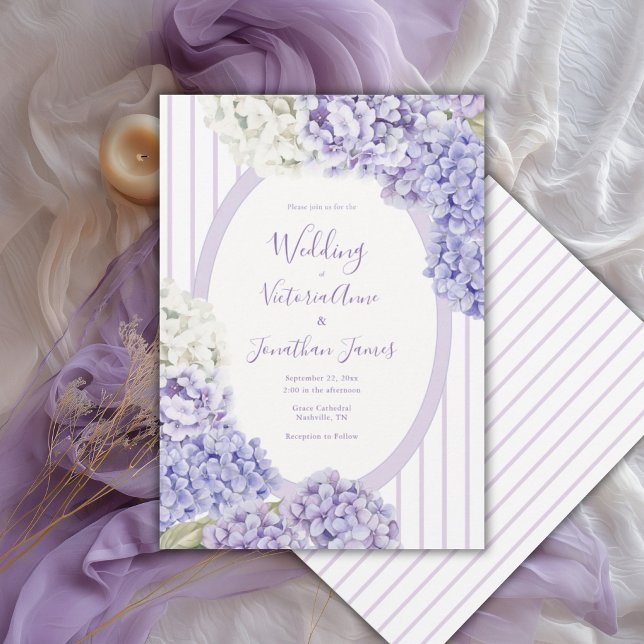 Purple White Hydrangeas Floral Stripe Wedding Inbjudningar (Skapare uppladdad)