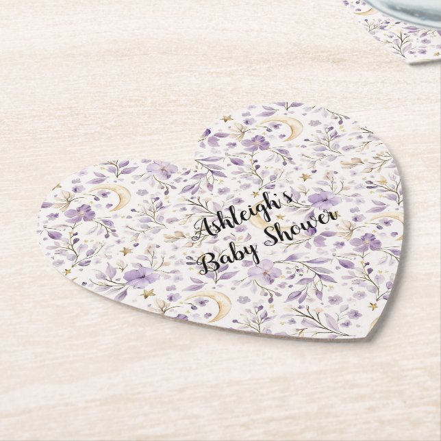 Purple White Moons & Stars Floral Baby Shower Underlägg Papper (Vinklad)