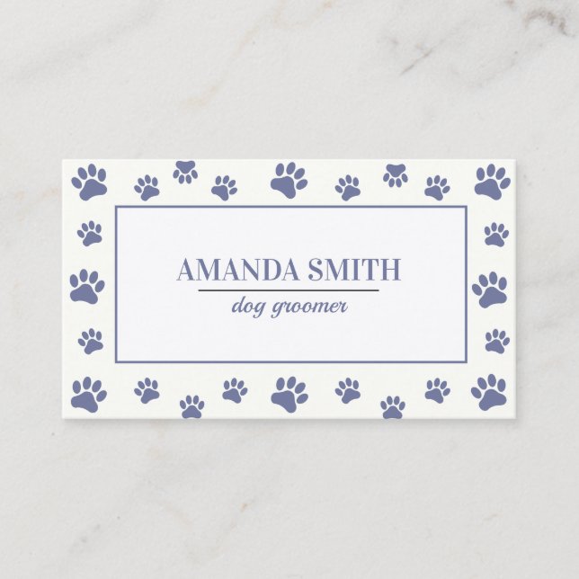 Purple White Paw Prints Dog Groomer Business Card Visitkort (Framsida)