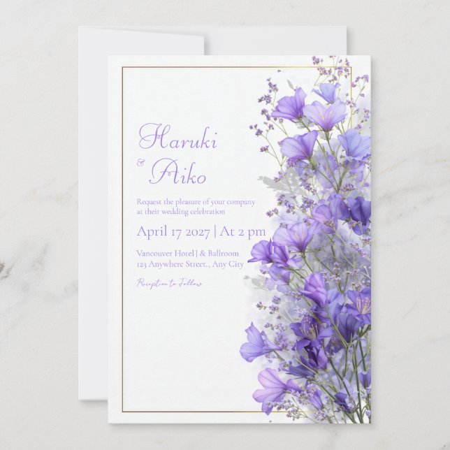 Purple Wildflower Romantic Gold Line Frame Wedding Inbjudningar (Framsida)