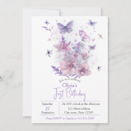 Purple Wildflowers Butterfly Girl's 1st Birthday  Inbjudningar