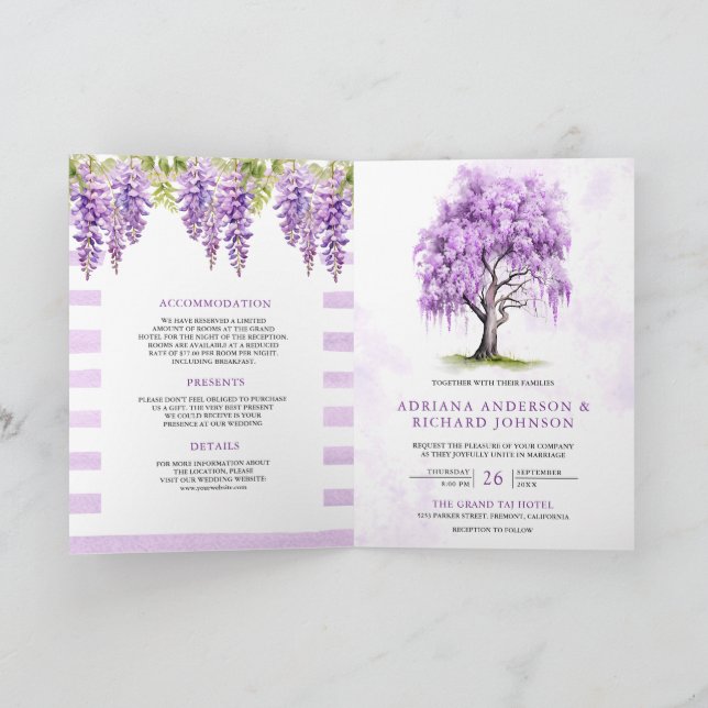 Purple Wisteria Floral Tree QR Code Wedding Inbjudan (Inuti)