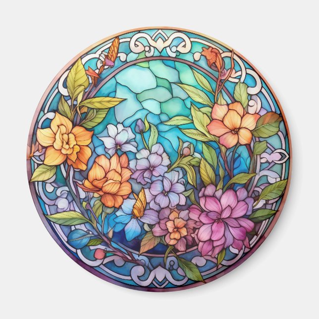 Purple & Yellow Floral Faux Stained-Glass Magnet (Framsidan)