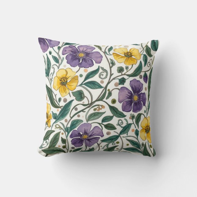 Purple Yellow Flowers Pattern, Modern,Elegant Kudde (Framsida)