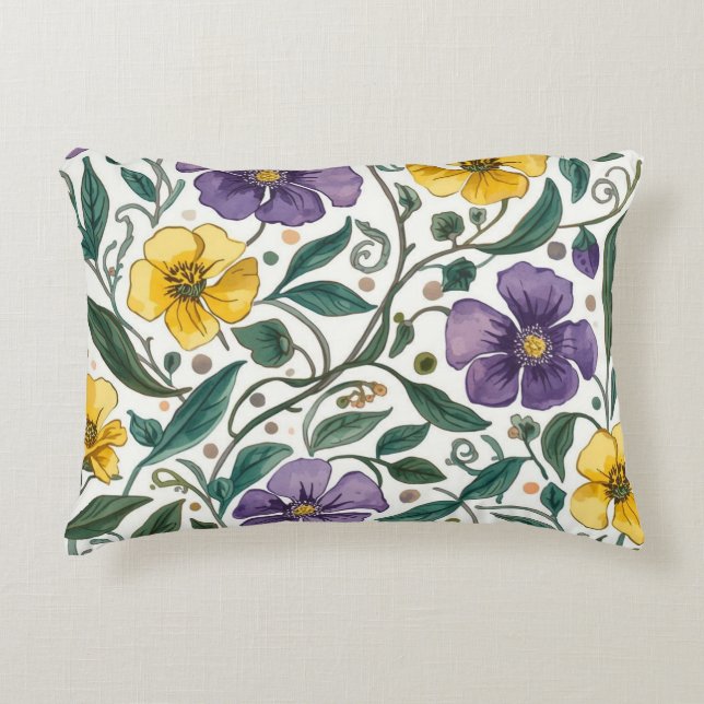 Purple Yellow Flowers Pattern, Modern,Elegant Prydnadskudde (Framsidan)