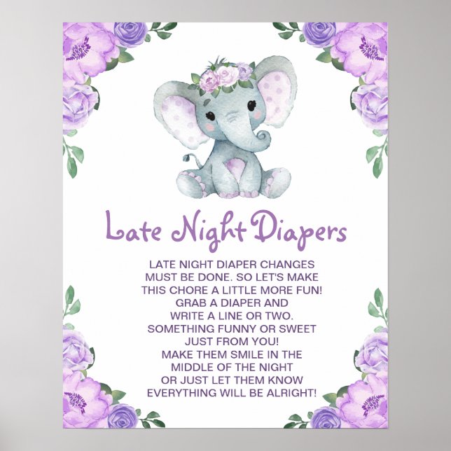 PurpleElephant Late Late Diaper Baby Shower Game Poster (Framsidan)