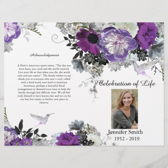 PurplePeony Hummingbird Funeral Program Flyer (Framsidan)
