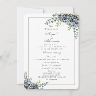 Purpliplish Hydrangeas Eucalyptus Bröllopsprogram 