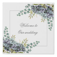 Purplish Hydrangeas Eucalyptus Bröllop Sign