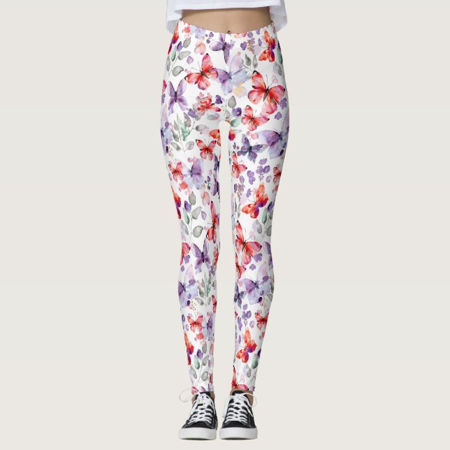 Purpur Röda Fjärilar Leggings (Framsida)