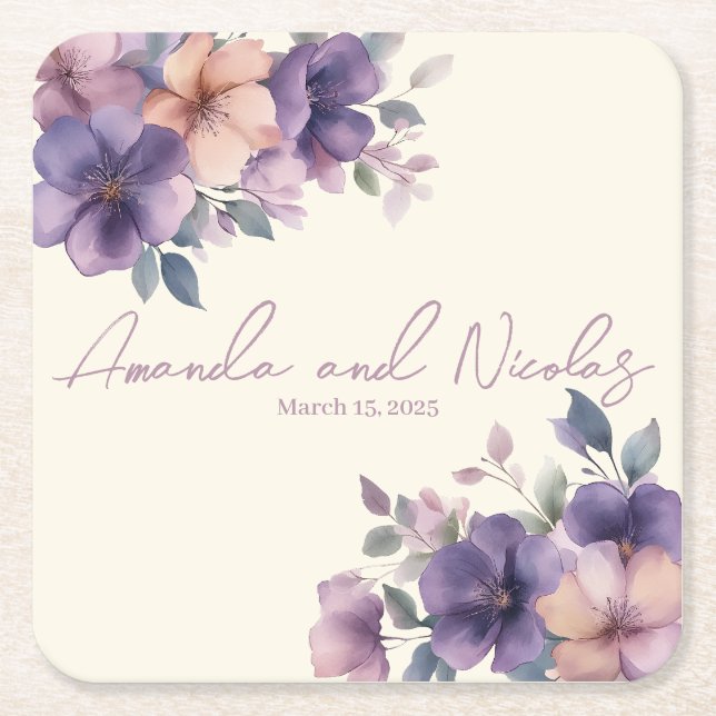 Purpurblomma bröllop papper underlägg rosa kvadrat (Framsidan)