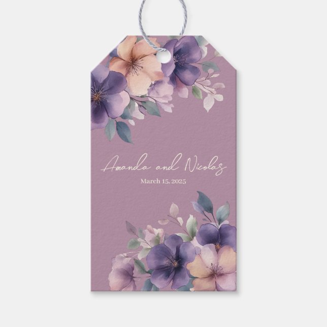 Purpurblommor i bröllop-presentmärkre för rosa presentetikett (Framsidan)
