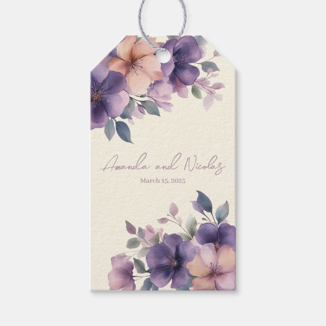 Purpurblommor i bröllop-presentmärkre för rosa presentetikett (Framsidan)