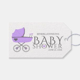 Purpurfärgad barnvagnflickababy shower presentetikett