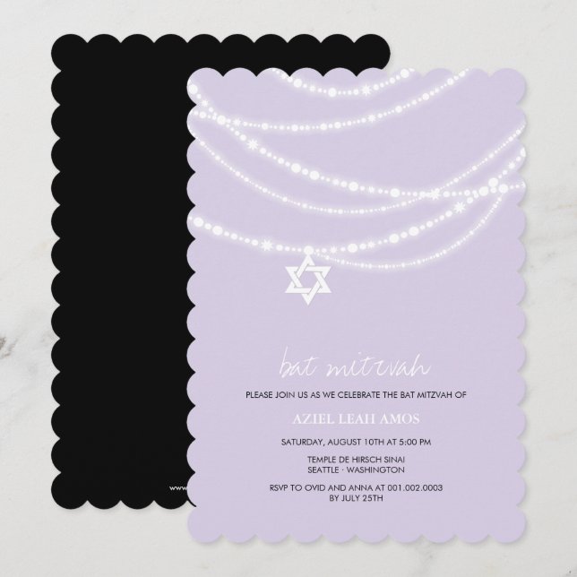 Purpurfärgad bat mitzvah inbjudningar (Fram/baksida)