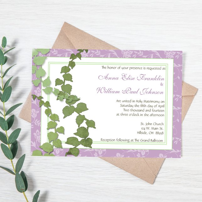 Purpurfärgad blom- murgrönabröllopinbjudan inbjudningar (Purple Floral Ivy Wedding Invitation)