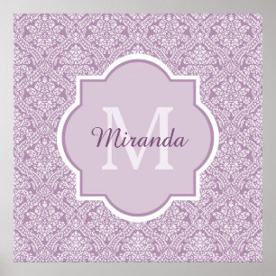 Purpurfärgad damastast Monogram för chic lavendel Poster