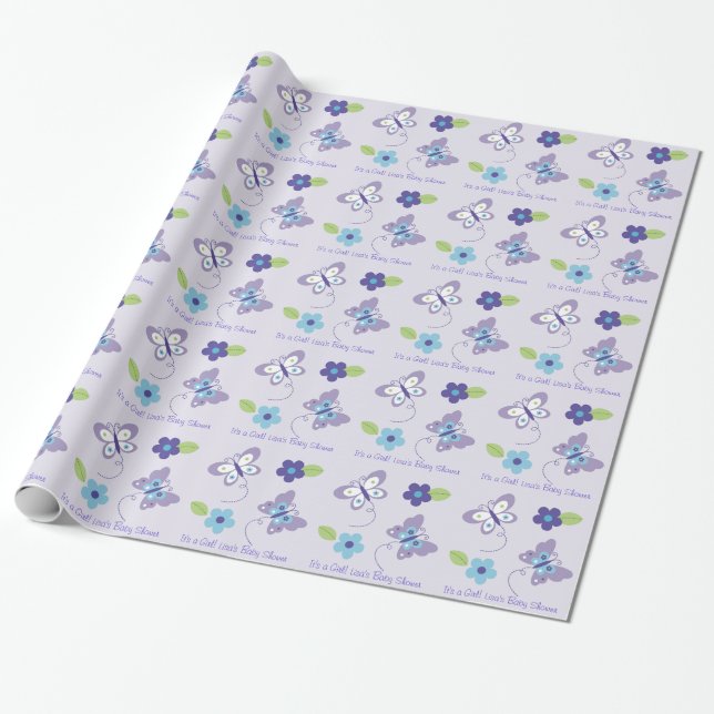 Purpurfärgad fjärilsbaby shower presentpapper (Utrullad)